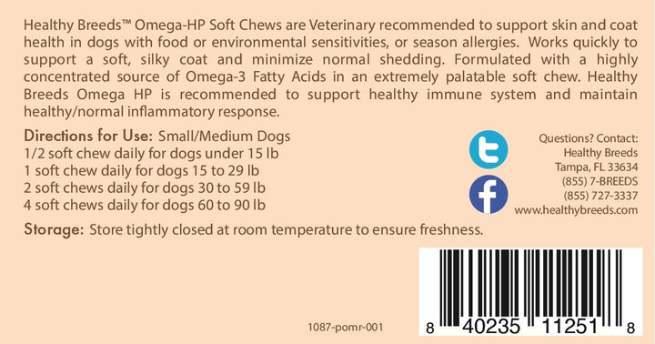 Healthy Breeds Pomeranian Omega HP Fatty Acid Skin and Coat Support Soft Chews 60 Count 60 Ct - Small/Medium Breeds