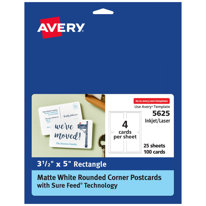 Avery Postcards with Rounded Corners and Sure Feed Technology, 3.5" x 5", Matte White, 100 Total, Laser/Inkjet Printable Cards (5625) Matte White, Rounded Corners