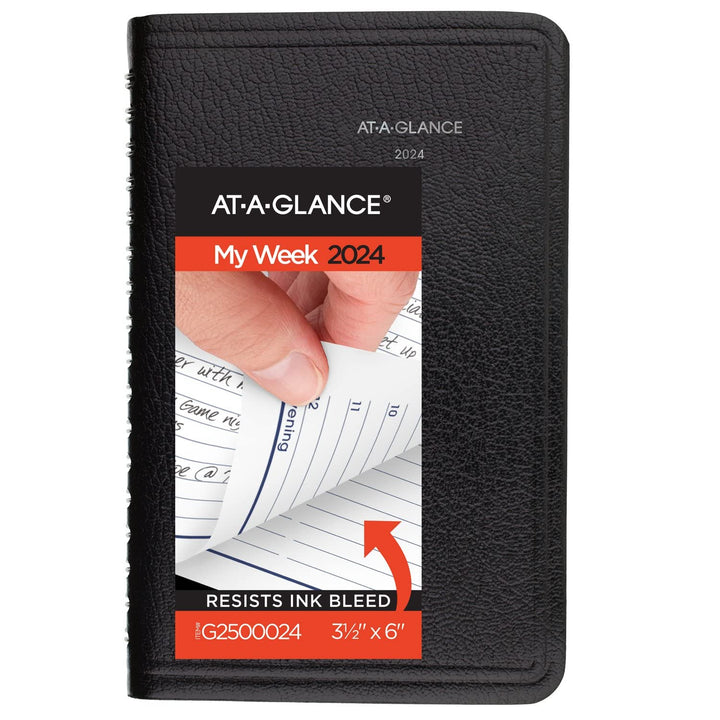 AT-A-GLANCE 2024 Weekly Planner, DayMinder, Hourly Appointment Book, 3-1/2 x 6", Pocket Size, Tabbed Telephone/Address Pages, Texture Cover, Black (G2500024) 2024 New Edition