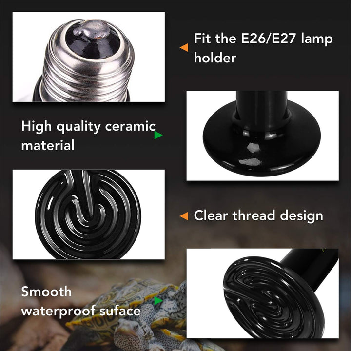 Simple Deluxe 100W 2-Pack Ceramic Heat Emitter Reptile Heat Lamp Bulb No Light Emitting Brooder Coop Heater for Amphibian Pet & Incubating Chicken, Black 100W (D-85mm) 2 Pack