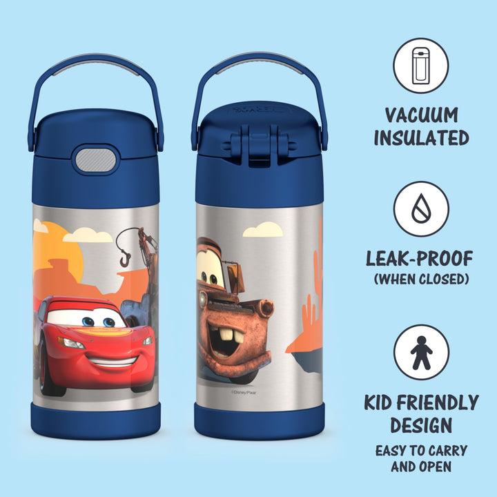 THERMOS FUNTAINER Water Bottle with Straw - 12 Ounce, Cars - Kids Stainless Steel Vacuum Insulated Water Bottle with Lid Licensed Characters