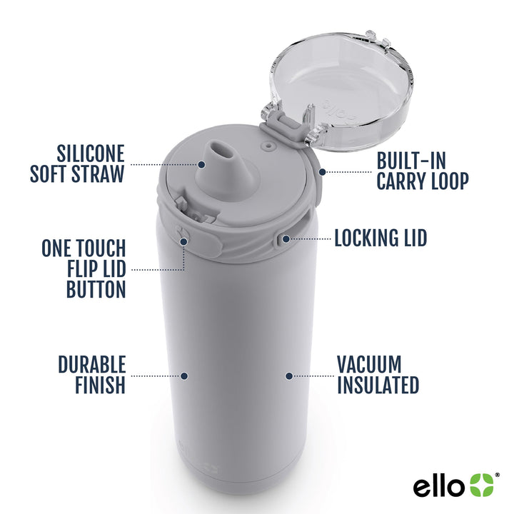 Ello Cooper Stainless Steel Water Bottle with Straw and Carry Handle, Double Walled and Vacuum Insulated Metal, Leak Proof Locking Lid with Soft Silicone Spout, Reusable, BPA Free, 22oz, 32oz, 40oz Gray