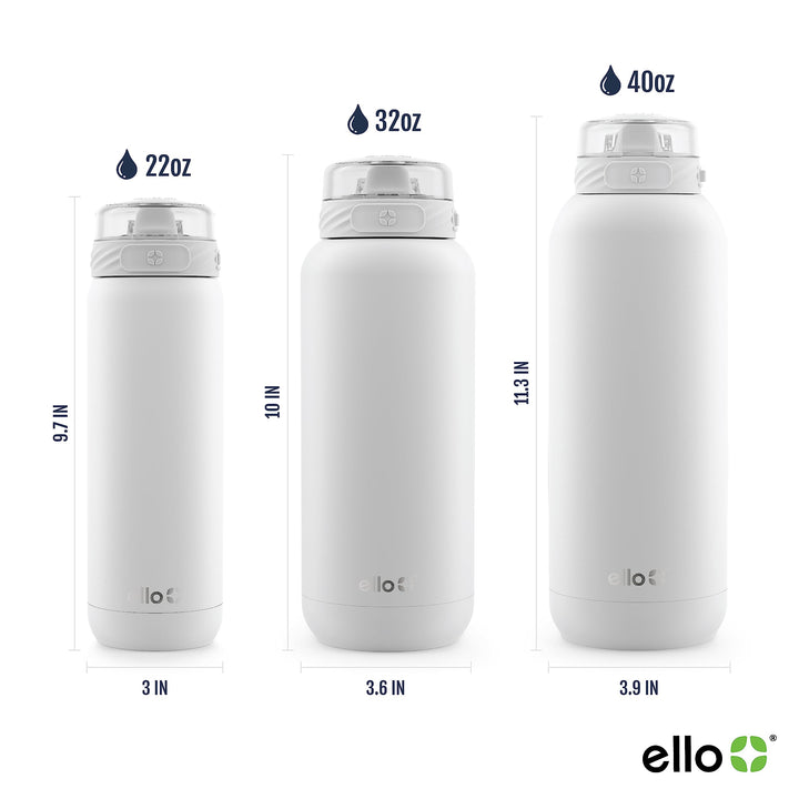 Ello Cooper Stainless Steel Water Bottle with Straw and Carry Handle, Double Walled and Vacuum Insulated Metal, Leak Proof Locking Lid with Soft Silicone Spout, Reusable, BPA Free, 22oz, 32oz, 40oz White