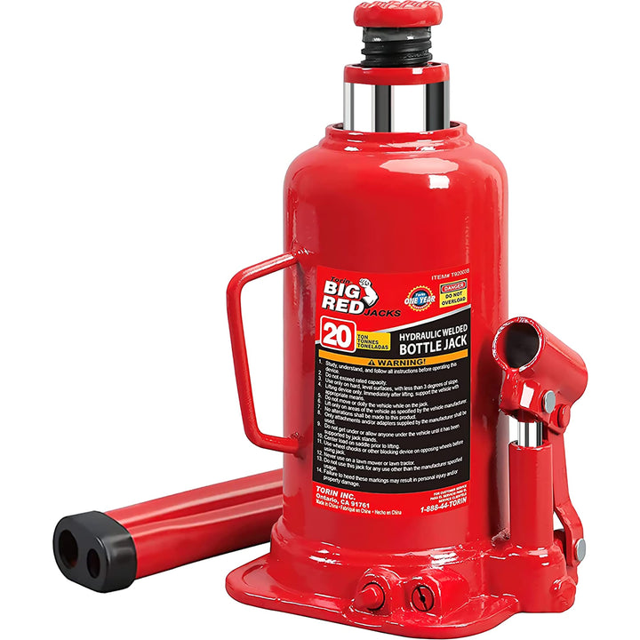 BIG RED 20 Ton (40,000 LBs) Torin Welded Hydraulic Car Bottle Jack, Red, TAM92003B & T92007A Torin Hydraulic Stubby Low Profile Welded Bottle Jack, 20 Ton (40,000 lb) Capacity, Red 20 Ton (40,000 LBs) Bottle Jack + Bottle Jack, 20 Ton