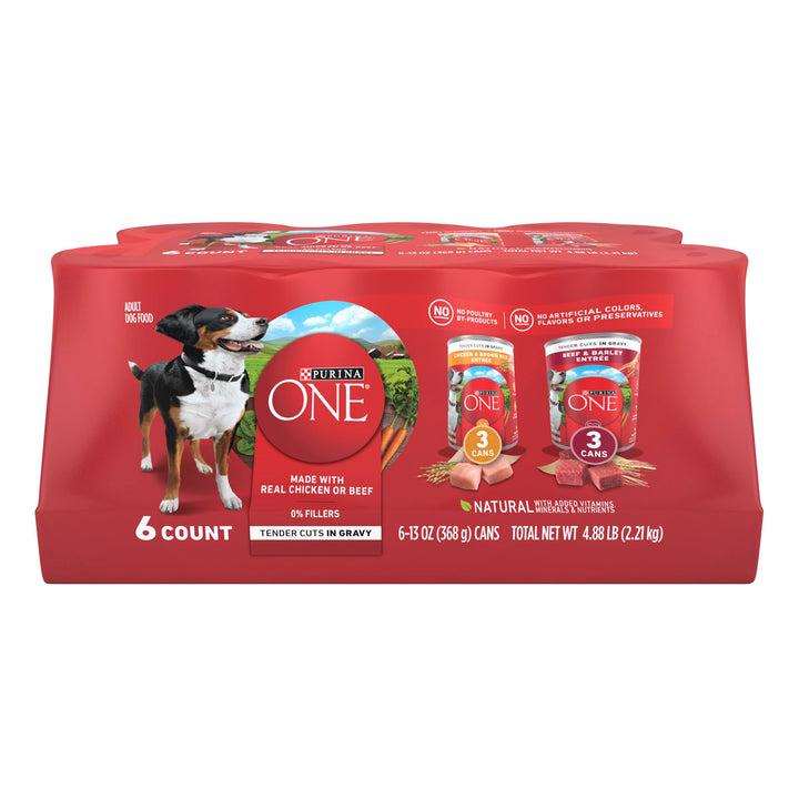 Purina ONE Tender Cuts in Gravy Chicken and Brown Rice, and Beef and Barley Entrees Wet Dog Food Variety Pack - (2 Packs of 6) 13 oz. Cans Beef,Chicken 2.44 Pound (Pack of 2)