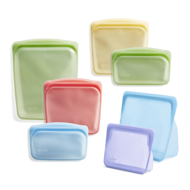 Stasher Reusable Silicone Storage Bag, Food Storage Container, Microwave and Dishwasher Safe, Leak-free, Bundle 7-Pack, Rainbow