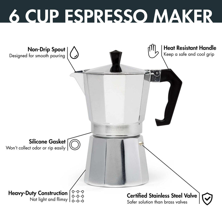 Primula Stovetop Espresso Maker and Handheld Electric Milk Frother Gift Set, Moka Pot for Classic Italian and Cuban Coffee, Cafetera, 6 Espresso Cups, Silver 6 Cup + Frother