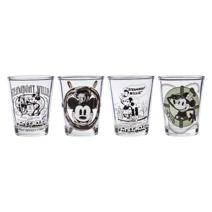 Silver Buffalo Disney 100 Classic 1928 Steamboat Mickey Vintage Sketch Mini Glasses 4 Pack, 1.5 Ounces