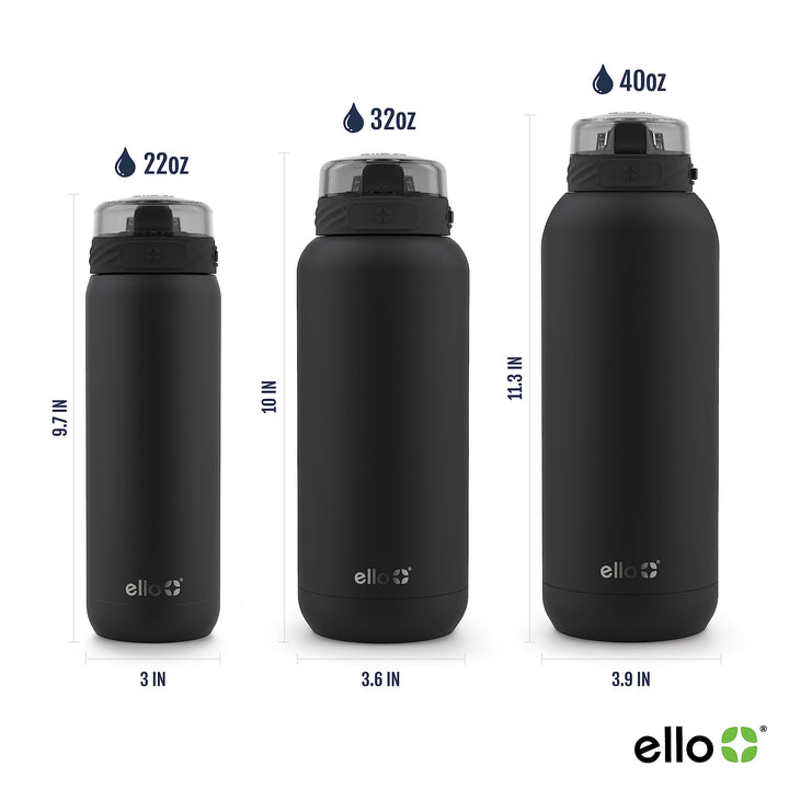 Ello Cooper Stainless Steel Water Bottle with Straw and Carry Handle, Double Walled and Vacuum Insulated Metal, Leak Proof Locking Lid with Soft Silicone Spout, Reusable, BPA Free, 22oz, 32oz, 40oz Black