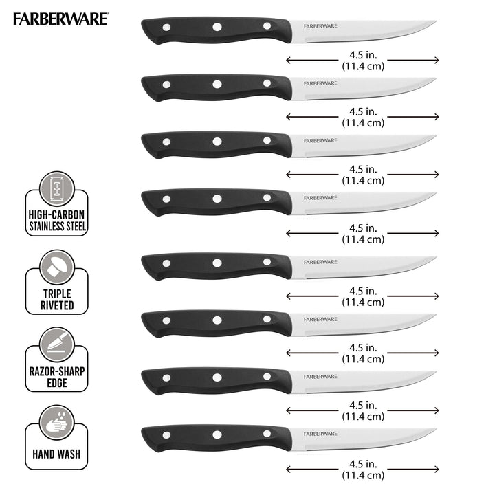 Farberware Full-Tang Triple-Riveted 8-Piece Steak Knife Set, High-Carbon Stainless Steel, Razor-Sharp Knives with Ergonomic Handle, Kitchen Knives, Set of 8, Black 8 Piece