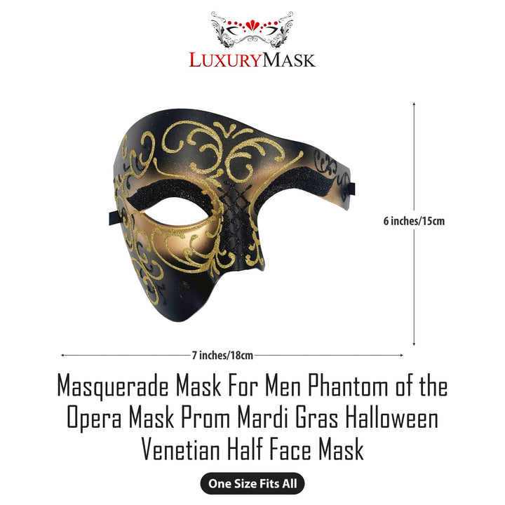 Masquerade Mask For Men Phantom Of The Opera Mask Prom Mardi Gras Haloween Venetian Half Face Mask Black-gold One Size