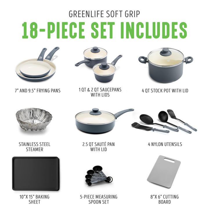 GreenLife Soft Grip Absolutely Toxin-Free Healthy Ceramic Non-stick Cookware Set, 18-Piece Set, Grey 18 Piece Cookware Set Quartz Grey