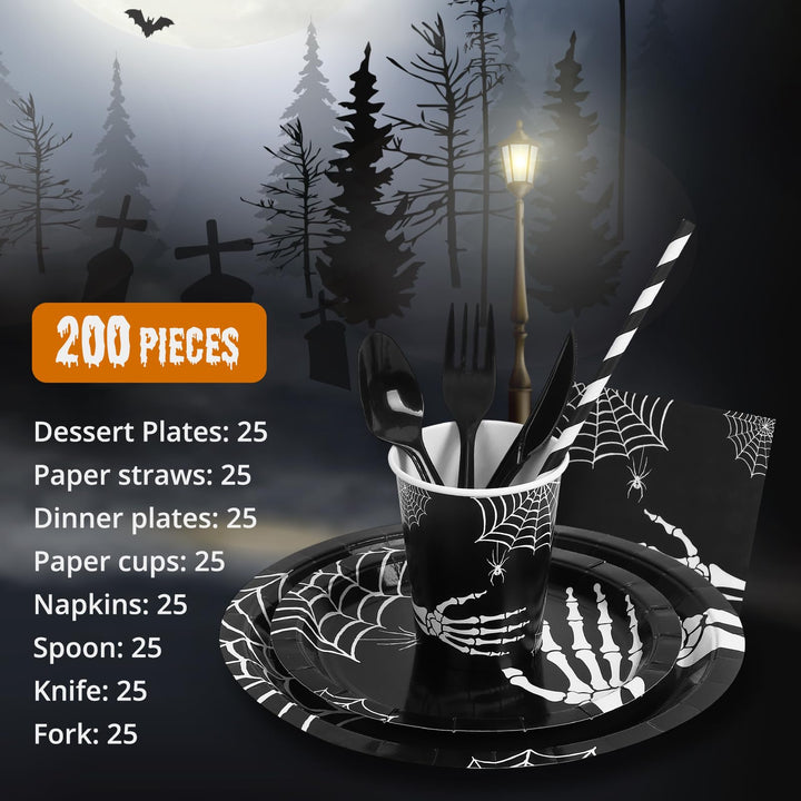 215 Pcs Halloween Plates and Napkins Set Serve 25, Halloween Skull Hand Bone Disposable Tableware Set, Halloween Decorations Includes Plates, Cups, Napkins, Halloween Tableware