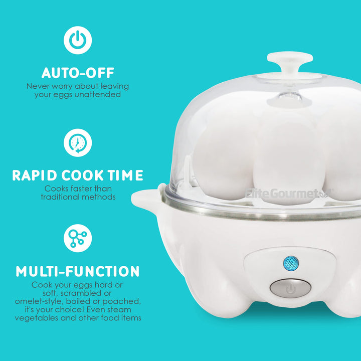 EGC-007 Rapid Egg Cooker, 7 Easy-To-Peel, Hard, Medium, Soft Boiled Eggs, Poacher, Omelet Maker, Auto Shut-Off, Alarm, 16-Recipe Booklet, White 7 Egg