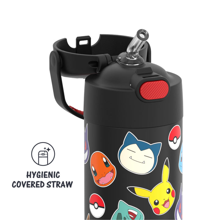 THERMOS FUNTAINER Water Bottle with Straw - 12 Ounce, Pokémon - Kids Stainless Steel Vacuum Insulated Water Bottle with Lid Pokemon Licensed Characters