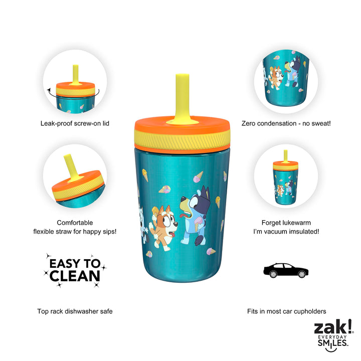 Zak Designs Bluey Kelso Tumbler Set, 15 fl.oz. Leak-Proof Screw-On Lid with Straw, Bundle for Kids Includes Plastic and Stainless Steel Cups with Bonus Sipper, 3pc Set, Non-BPA Classic