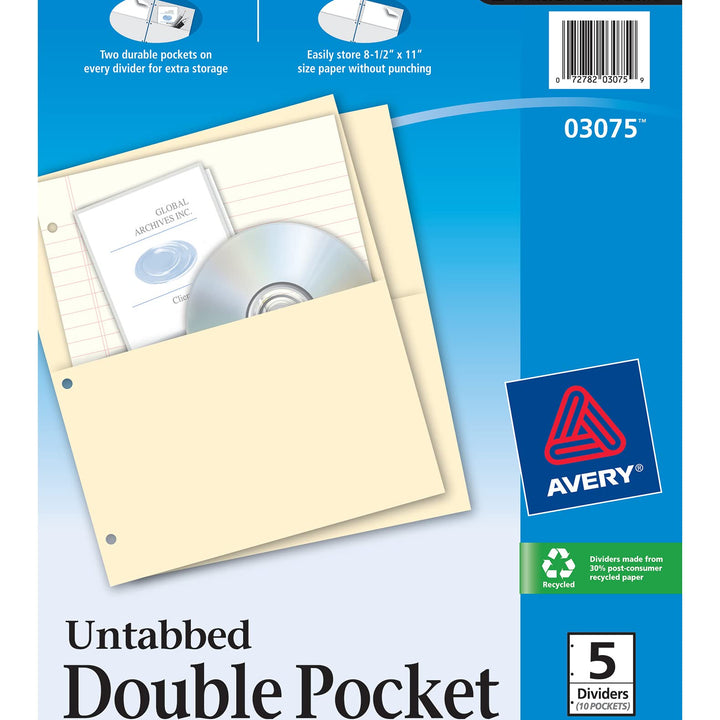 Avery Untabbed Double Pocket Dividers for 3 Ring Binders, Manila, Pack of 5 Dividers (03075) 5 Count (Pack of 1)