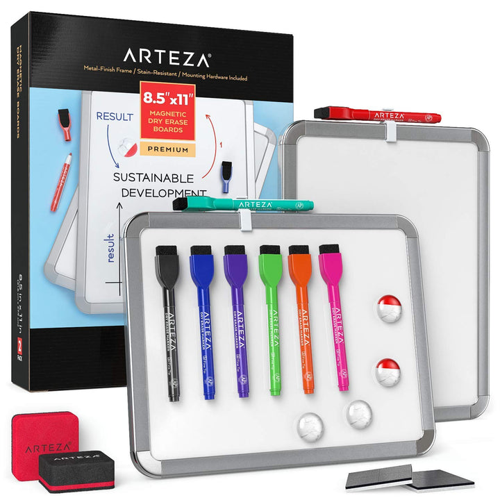 Arteza Framed Magnetic White Board Set, 8-1/2x11 Inches, 2-Pack Dry Erase Lap Boards with Markers & Magnets, Office & Back to School Supplies for Classroom, College, Teachers, Students, Planning. 8.5x11 inches