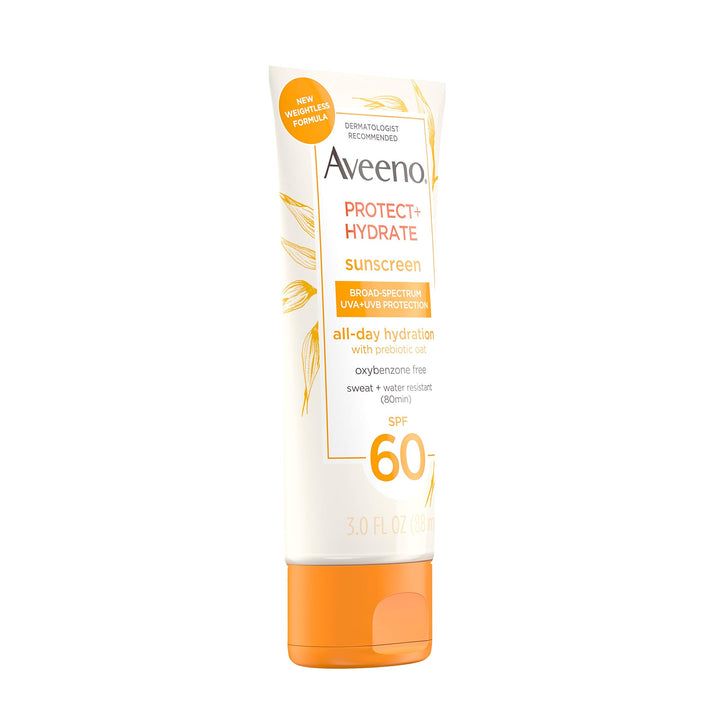 Aveeno Protect + Hydrate Moisturizing Body Sunscreen Lotion with Broad Spectrum SPF 60 & Prebiotic Oat, Weightless & Refreshing Feel, Paraben-Free, Oil-Free, Oxybenzone-Free, 3.0 fl. Oz