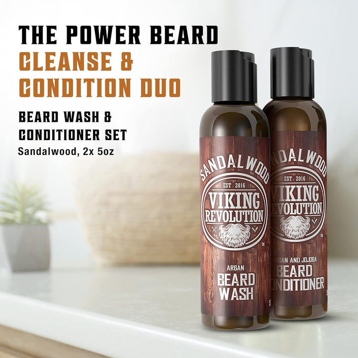 Viking Revolution Beard Wash & Beard Conditioner Set w/Argan & Jojoba Oils - Softens & Strengthens - Natural Beard Shampoo w/Beard Oil Sandalwood (5oz)