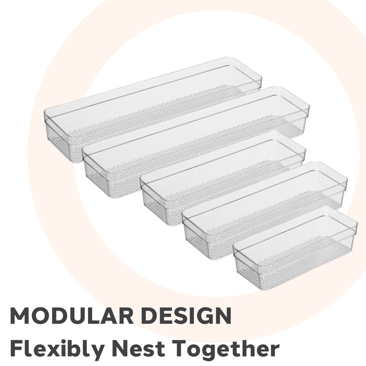 Oggi Set of 5 Clear Drawer Organizers - (1) 3x6.25, (2) 3x9.5, (2) 3x12.5 - Ideal for Organizing Kitchen Drawers, Office, Desk, Silverware, Kitchen Utensils, Cosmetics and Bathrooms