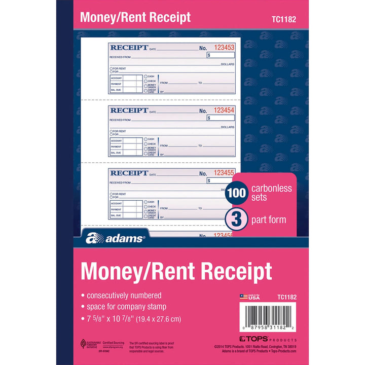 Adams Money and Rent Receipt Book, 3-Part, Carbonless, White/Canary/Pink, 7-5/8" x 10-7/8", Bound Wraparound Cover, 100 Sets per Book, 4 Receipts per Page (TC1182) 1