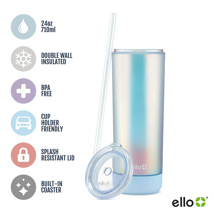 Ello Monterey Double Walled Insulated Plastic Tumbler with Straw and Built-in Coaster, BPA Free, 24oz Blue