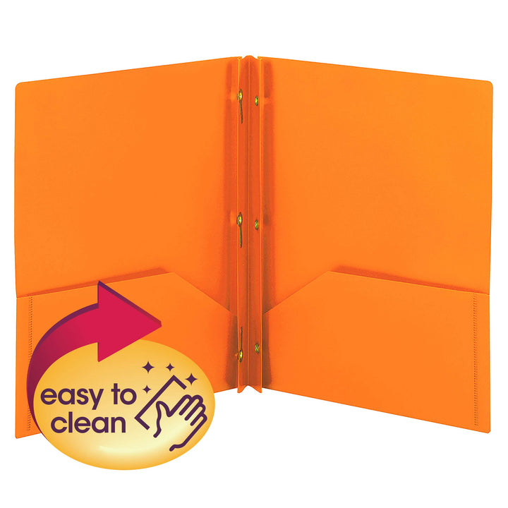 Smead Poly Two-Pocket Folder, Three-Hole Punch Prong Fasteners, Letter Size, Orange, 3 per Pack (87735)