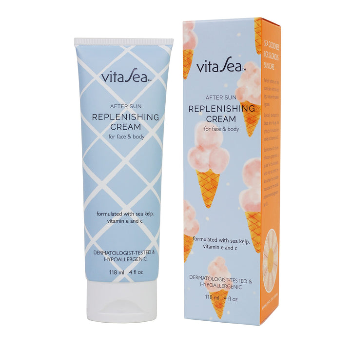 VitaSea After Sun Replenishing Cream for Face and Body, Refresh, Hydrate & Soothe Sun Exposed Skin, Fast-Absorbing Vegan After Sun Care, Formulated with Sea Kelp, Vitamin E & C, 4 Fl Oz