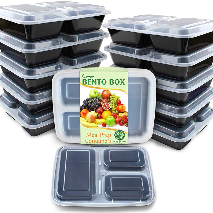 Enther Meal Prep Containers [12 Pack] 3 Compartment with Lids, Food Storage Bento Box | BPA Free | Stackable | Reusable Lunch Boxes, Microwave/Dishwasher/Freezer Safe,Portion Control (36 oz) 12 Pack 3 Compartments