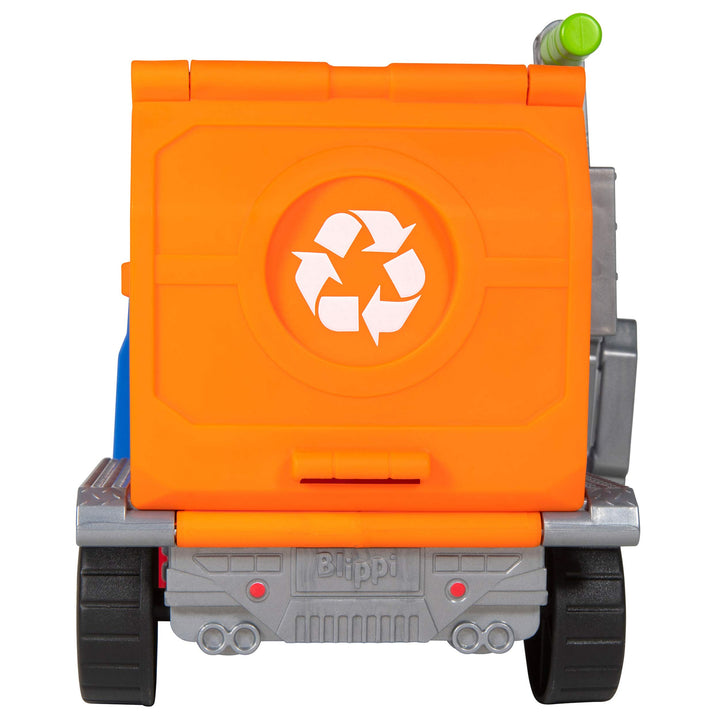 Blippi Recycling Truck - Includes Character Figure, Working Lever, 2 Trash Cubes, 2 Recycling Bins - Sing Along with Popular Catchphrases - Educational Toys for Kids - Exclusive