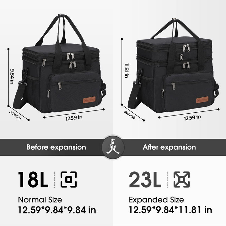 Maelstrom Lunch Box, 23L Insulated Lunch Bag, Expandable Double Deck Cooler Bag, Lightweight Leakproof Tote Bag With Side Tissue Pocket, Suit For Men and Women, Black 23L Black