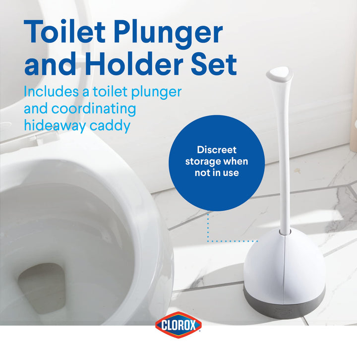 Clorox Toilet Plunger with Hideaway Storage Caddy, 6.5” x 6.5” x 19.5”, White/Gray 1-Pack