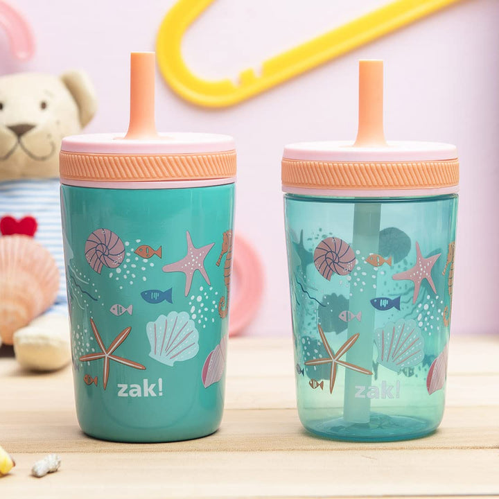 Zak Designs Shells Kelso Tumbler Set, Leak-Proof Screw-On Lid with Straw, Bundle for Kids Includes Plastic and Stainless Steel Cups with Bonus Sipper (3pc Set, Non-BPA) 15 fl.oz. Classic