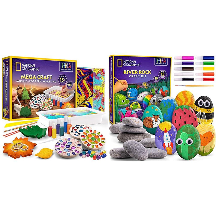 NATIONAL GEOGRAPHIC Arts & Crafts Kit - Mosaic, Marbling Paint, Air Dry Clay & 15 River Rocks to Paint & Decorate Crafts Kit + Crafts Kit