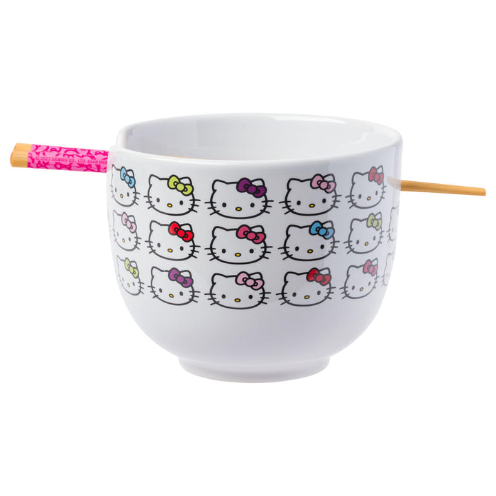 Silver Buffalo Sanrio Hello Kitty Faces and Bows Pattern Ceramic Ramen Rice Bowl with Chopsticks, 20 Ounces