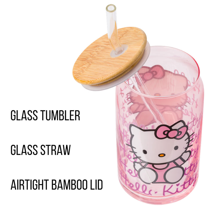 Silver Buffalo Sanrio Hello Kitty Glass Tumbler with Bamboo Lid and Glass Straw, 16 Ounces Multicolor