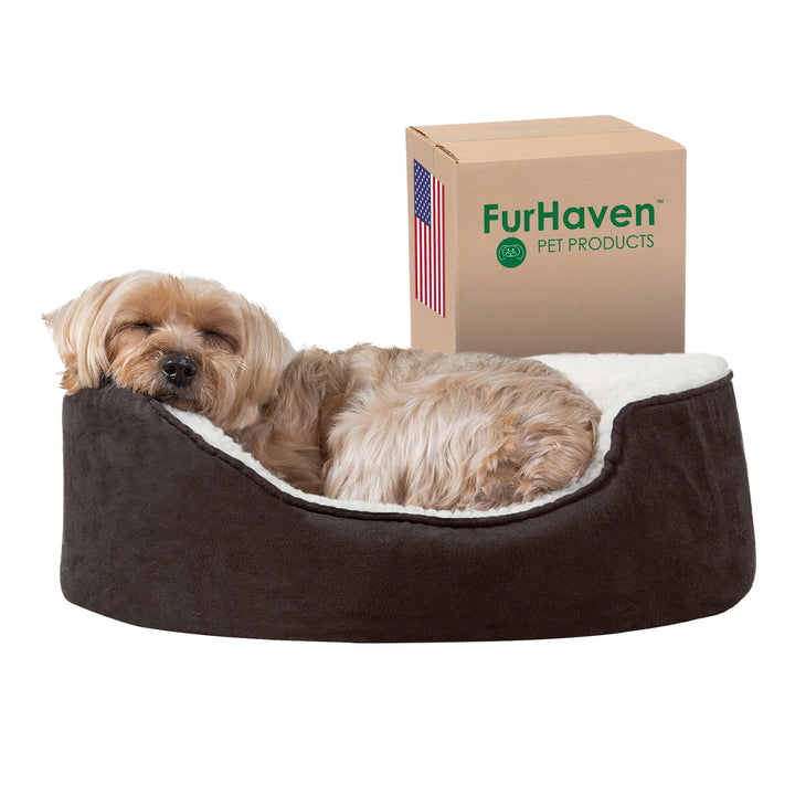 Furhaven Orthopedic Dog Bed for Small Dogs w/ Removable Washable Cover, For Dogs Up to 12 lbs - Sherpa & Suede Oval Lounger - Espresso, Small Oval (Orthopedic Base) 19.0"L x 15.0"W x 5.5"Th Sherpa & Suede Espresso