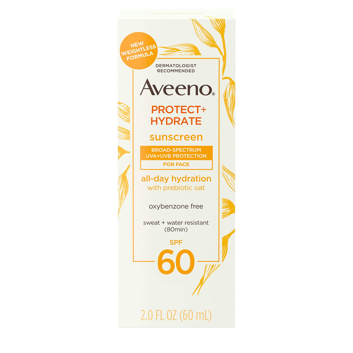 Aveeno Protect + Hydrate Moisturizing Face Sunscreen Lotion With Broad Spectrum Spf 60 & Prebiotic Oat, Weightless & Refreshing Feel, Paraben-free, Oil-free, Oxybenzone-free, 2.0 ounces