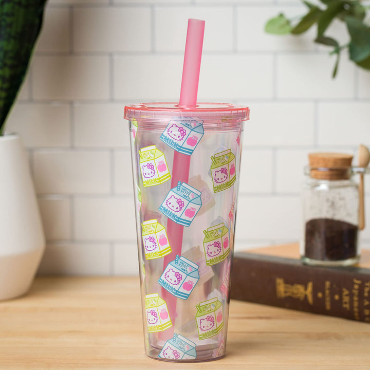 Silver Buffalo Sanrio Hello Kitty Milk Carton Pattern Plastic Boba Tumbler w Lid and Wide Straw, 24 Ounces