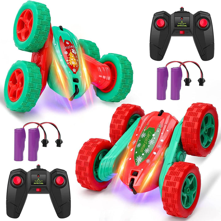 2PACK Christmas Style Remote Control Car RC Stunt Car for Kids,2.4Ghz High Speed Rock Crawler Vehicle,360 Rotating 4WD Off Road Double Sided Rotating Tumbling with 4 Rechargeable Battery，Red+Green