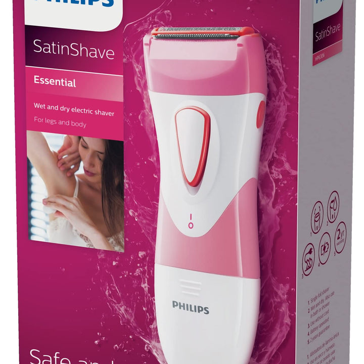 Philips Beauty SatinShave Essential Women's Wet & Dry Electric Shaver for Legs, Cordless, Pink and White, HP6306/50