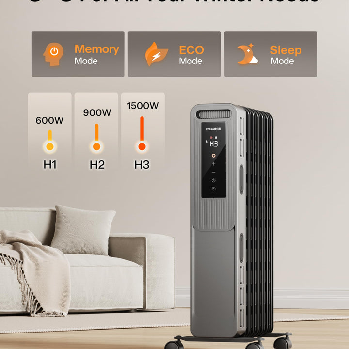 PELONIS Oil Filled Radiator, Electric Space Heater for Indoor Use Large Room with Thermostat & Remote, 3 Modes & 3 Heat Settings, ECO Mode, 24H Timer, Quiet, Overheat & Tip-Over Protection, 1500W Premium with LED Display Black