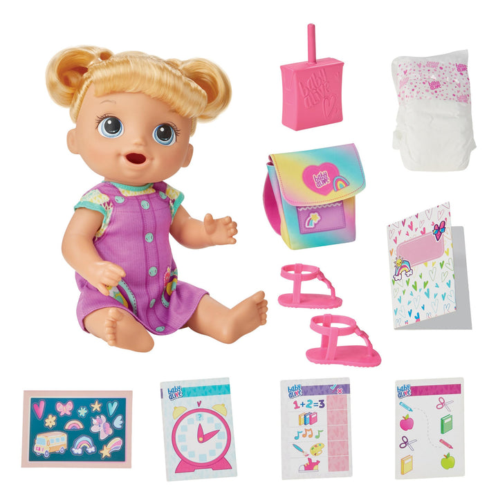 Baby Alive Time for School Baby Doll Set, Back to School Toys for 3 Year Old Girls & Boys & Up, 12 Inch Baby Doll, Blonde Hair (Exclusive)