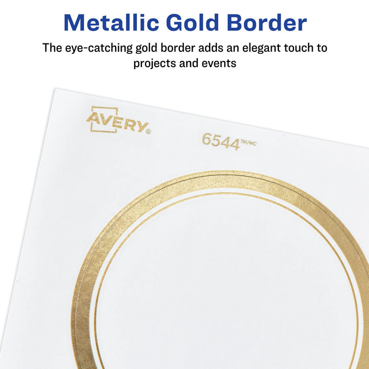 Avery Matte White Labels with Metallic Gold Borders, 3" Round Labels, 60 Total, Laser/Inkjet Printable Labels (6544)