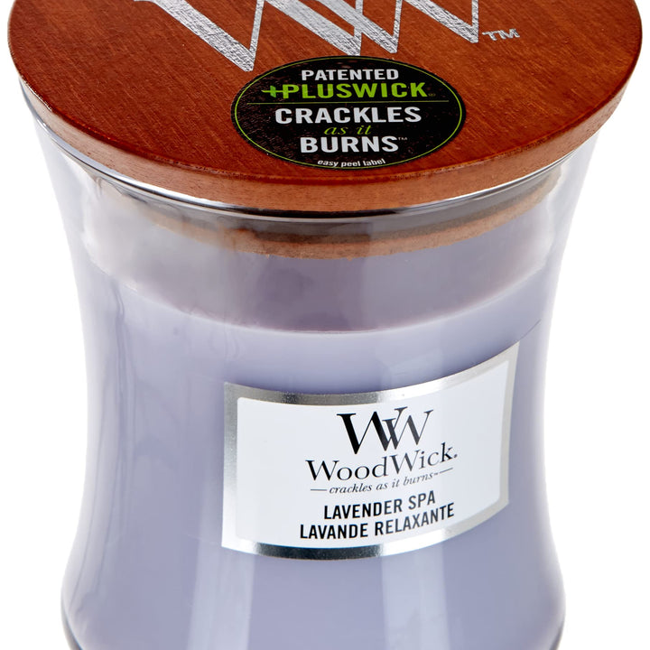 WoodWick Medium Hourglass Candle, Lavender Spa - Premium Soy Blend Wax, Pluswick Innovation Wood Wick, Made in USA