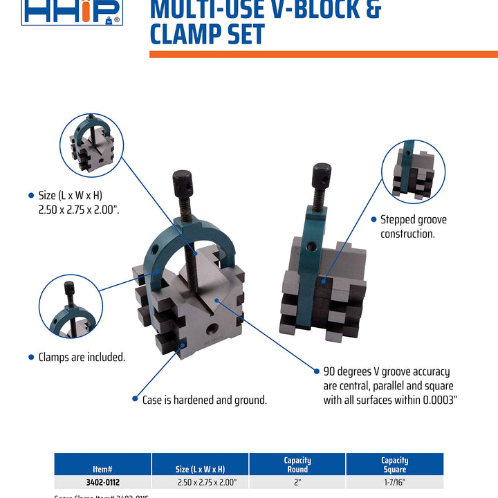 HHIP 3402-0112 Mulit-USE V-Blocks & Clamps Set,Grey,2.5" x 2.75" x 2"