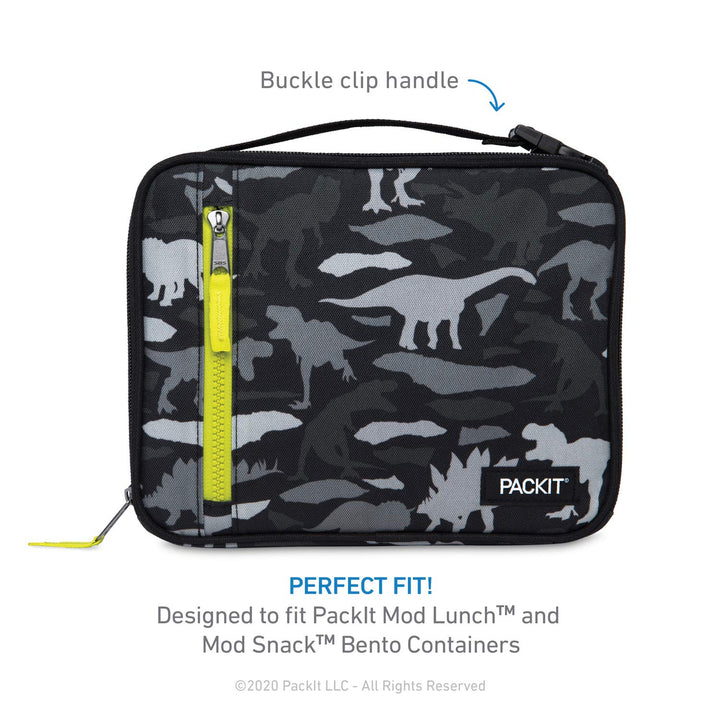 PackIt Freezable Classic Lunch Box, Dino Camo Charcoal, Built with EcoFreeze Technology, Collapsible, Reusable, Zip Closure With Zip Front Pocket and Buckle Handle, Perfect for School Lunches