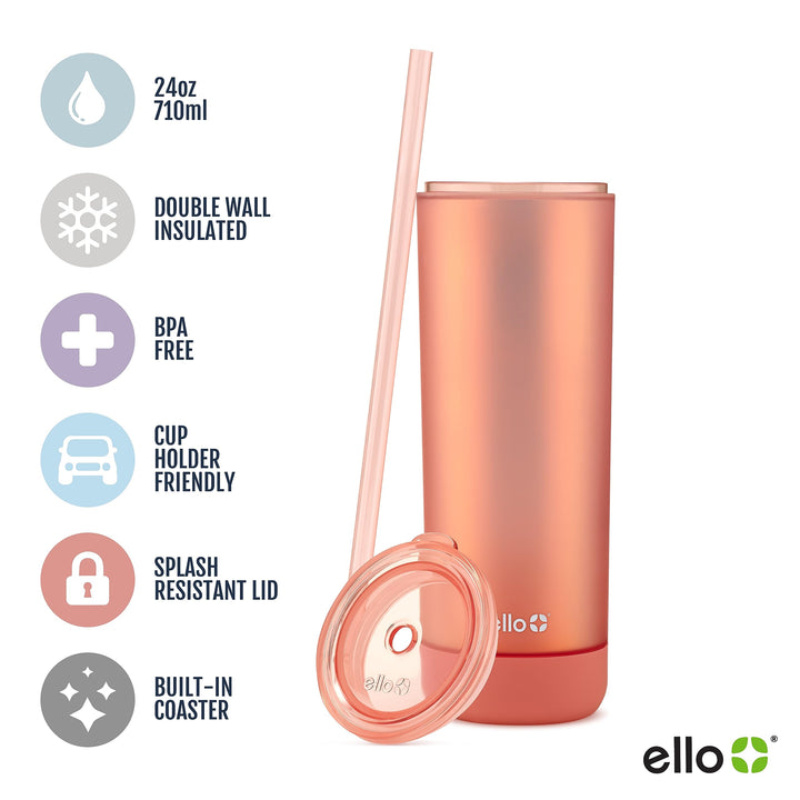 Ello Monterey Double Walled Insulated Plastic Tumbler with Straw and Built-in Coaster, BPA Free, 24oz Flamingo