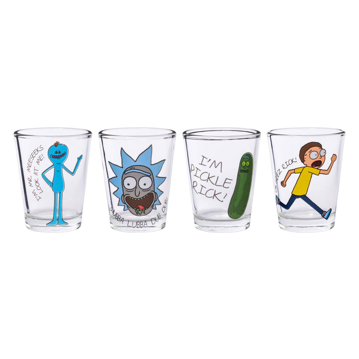 Silver Buffalo Rick and Morty Character Phrases 4-Pack Mini Glass Set, 1.5-Ounce